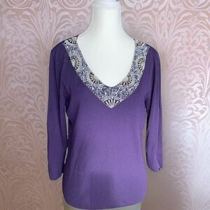 Sweater, EUC, beaded neckline, deep rich purple, 3/4 sleeve, sz Med